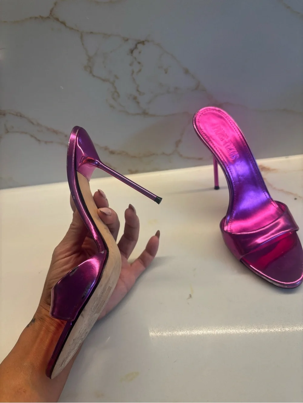Paris Texas metallic pink mules